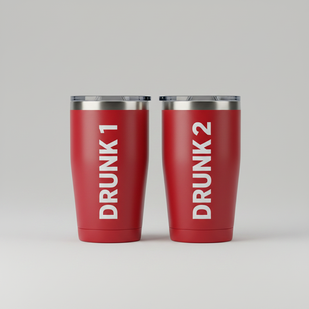 Two red tumblers labeled 'DRUNK 1' and 'DRUNK 2' on a gradient background with decorative elements.