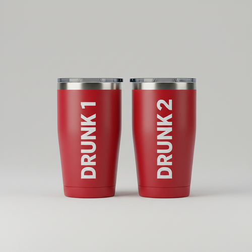 Two red tumblers labeled 'DRUNK 1' and 'DRUNK 2' on a gradient background with decorative elements.